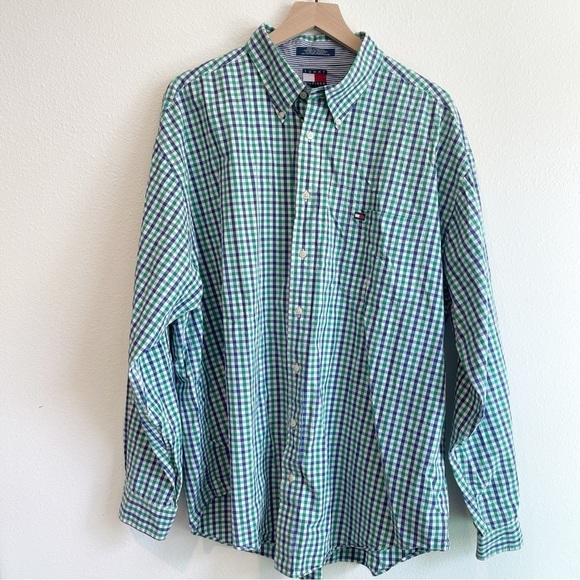 Tommy Hilfiger Shirt Mens Size XXL Green Blue Button Up Long Sleeve Preppy Plaid - Picture 1 of 9